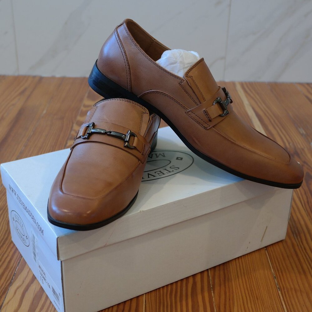 Steve Madden Mens Mendal Square Toe Bit Loafer Shoes, Cognac Leather, US 7.5
